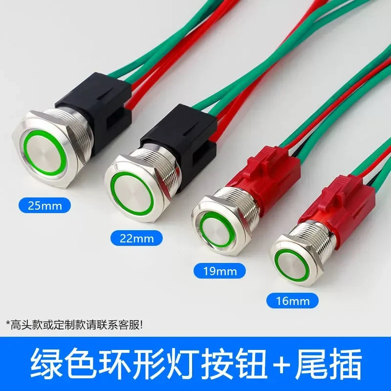 IP67 waterproof button green led with wire, high power start switch, 16mm metal button, 19mm push button, 22mm led button, 25mm waterproof switch