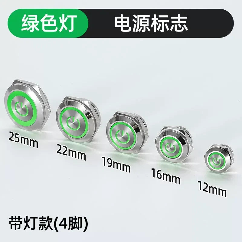 green power led ultra thin tactile button, short metal push button, 12mm momentary switch, 16mm LED tactile button, 19mm mini button, 22mm waterproof switch, 25mm power symbol button,