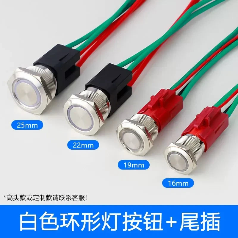 IP67 waterproof button white led with wire, high power start switch, 16mm metal button, 19mm push button, 22mm led button, 25mm waterproof switch