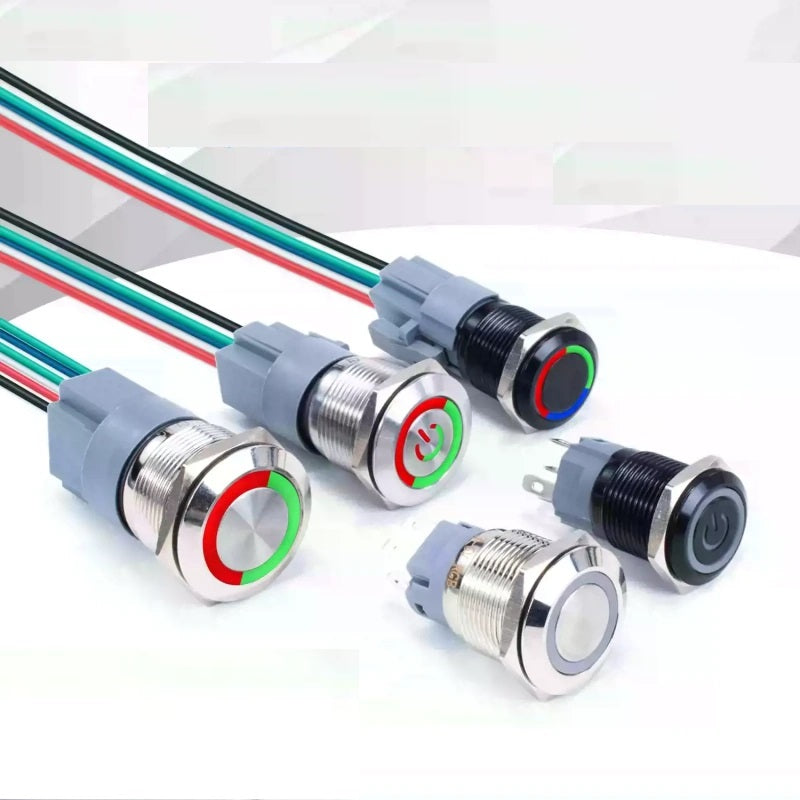 dual color led push button,tri color metal button,16mm momentary switch,19mm latching button,22mm power symbol button,rgb led button,red green button switch,silver black metal button,doorbell push button,waterproof multi‑color button,12‑24v led switch,industrial control button,vehicle modified button,pre‑wired metal button,1NO1NC push button