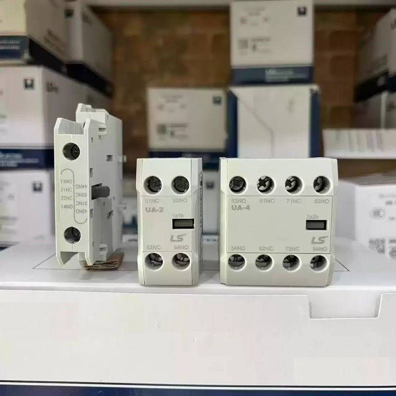 LS UA Auxiliary Contact Block, LS UA-1 UA-2 UA-4, Contactor Auxiliary Contacts, Side Mount Contact Block, Top Mount Auxiliary Contacts, 1a1b 2a2b 3a1b 4a 4b Contact Block, LS MC Contactor Accessory, NO NC Auxiliary Contacts, Industrial Control Circuit, Automation Contact Block, IEC Certified Contact Block, Motor Control Interlocking