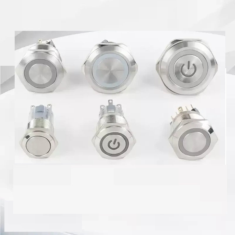 dual pole push button,2NO2NC metal button,16mm power symbol button,19mm ring led switch,ip65 waterproof metal switch,nickel‑plated brass button,industrial dual‑pole button,machinery control switch,automotive modified button,multi‑circuit push button,3A rated button,long life push button