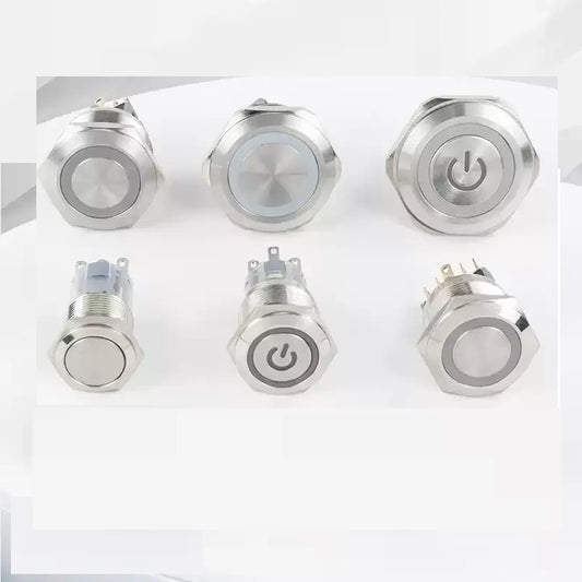 dual pole push button,2NO2NC metal button,16mm power symbol button,19mm ring led switch,ip65 waterproof metal switch,nickel‑plated brass button,industrial dual‑pole button,machinery control switch,automotive modified button,multi‑circuit push button,3A rated button,long life push button