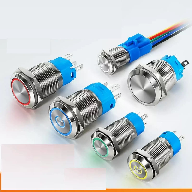 waterproof illuminated metal button, 12mm LED push button, 16mm ring light switch, 19mm power symbol button, 22mm latching switch, IP65 metal button, automotive modification button, momentary reset switch, self-locking control button, solder-free plug socket button, red/green/blue LED button, 12-24V metal button, heavy-duty push button, industrial control switch, DIY circuit button