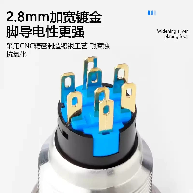 metal rotary selector switch, 16mm rotary switch, 19mm selector switch, 22mm waterproof switch, 2 position rotary switch, 3 position selector switch, IP65 waterproof rotary switch, stainless steel rotary switch, latching momentary switch, industrial control switch, 1NO1NC rotary switch, 2NO2NC selector switch, gold plated pin switch, plug-in rotary switch, IK09 durable switch