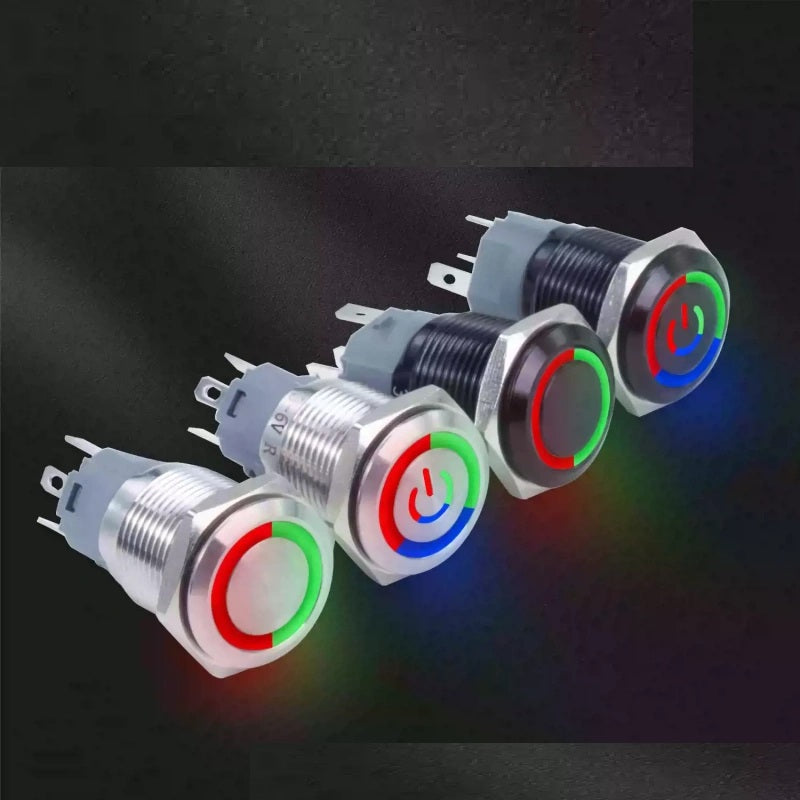 dual color led push button,tri color metal button,16mm momentary switch,19mm latching button,22mm power symbol button,rgb led button,red green button switch,silver black metal button,doorbell push button,waterproof multi‑color button,12‑24v led switch,industrial control button,vehicle modified button,pre‑wired metal button,1NO1NC push button