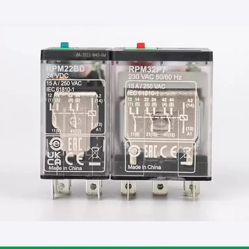 Schneider RPM Relay, RPM12BD, RPM22P7, RPM32BD, RPM42P7, RPZF1 Socket, RPZF2 Socket, RPZF3 Socket, RPZF4 Socket, 15A Power Relay, 1NO1NC Relay, 2NO2NC Relay, 3NO3NC Relay, 4NO4NC Relay, DC24V Relay, AC230V Relay, Industrial Control Relay, Plug-in Relay, Schneider Power Relay, Relay with Test Button