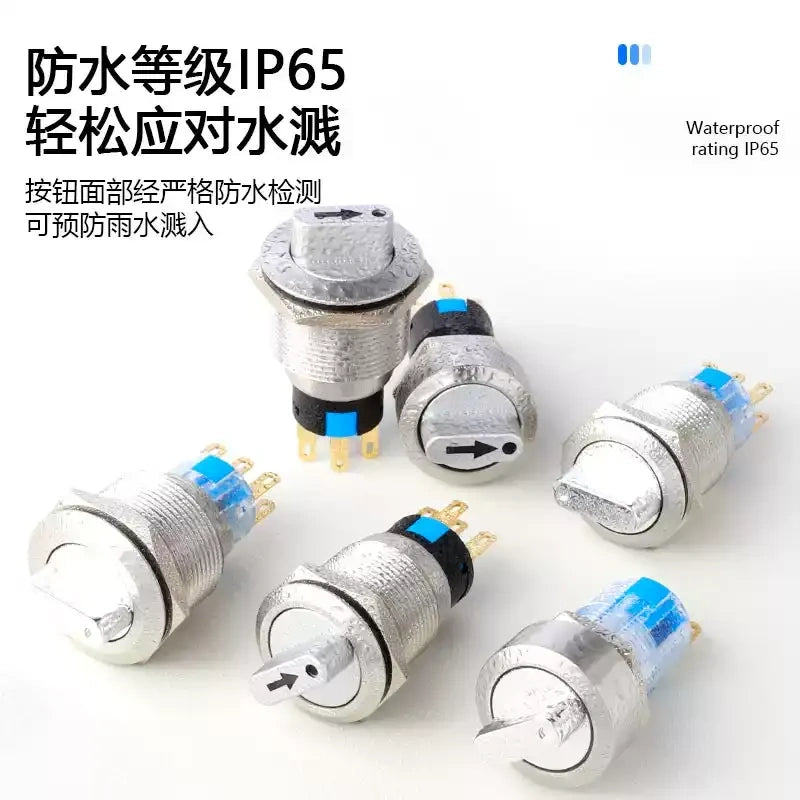 metal rotary selector switch, 16mm rotary switch, 19mm selector switch, 22mm waterproof switch, 2 position rotary switch, 3 position selector switch, IP65 waterproof rotary switch, stainless steel rotary switch, latching momentary switch, industrial control switch, 1NO1NC rotary switch, 2NO2NC selector switch, gold plated pin switch, plug-in rotary switch, IK09 durable switch