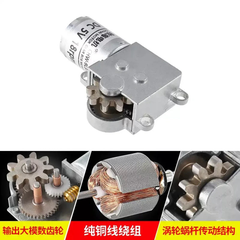 CHW-9L370 motor, worm gear motor, turntable motor, display stand motor, 5V motor, low speed motor, high torque motor, 18RPM motor, 131:1 gear ratio, DC gear motor, self-locking motor, POM worm gear motor, copper worm gear motor, 9-tooth gear motor, module 2.0 gear motor, quiet motor, low noise motor, robot motor, smart home motor, plug and play motor, solderless wiring motor, speed controller motor, display turntable motor, 3-24V customizable motor