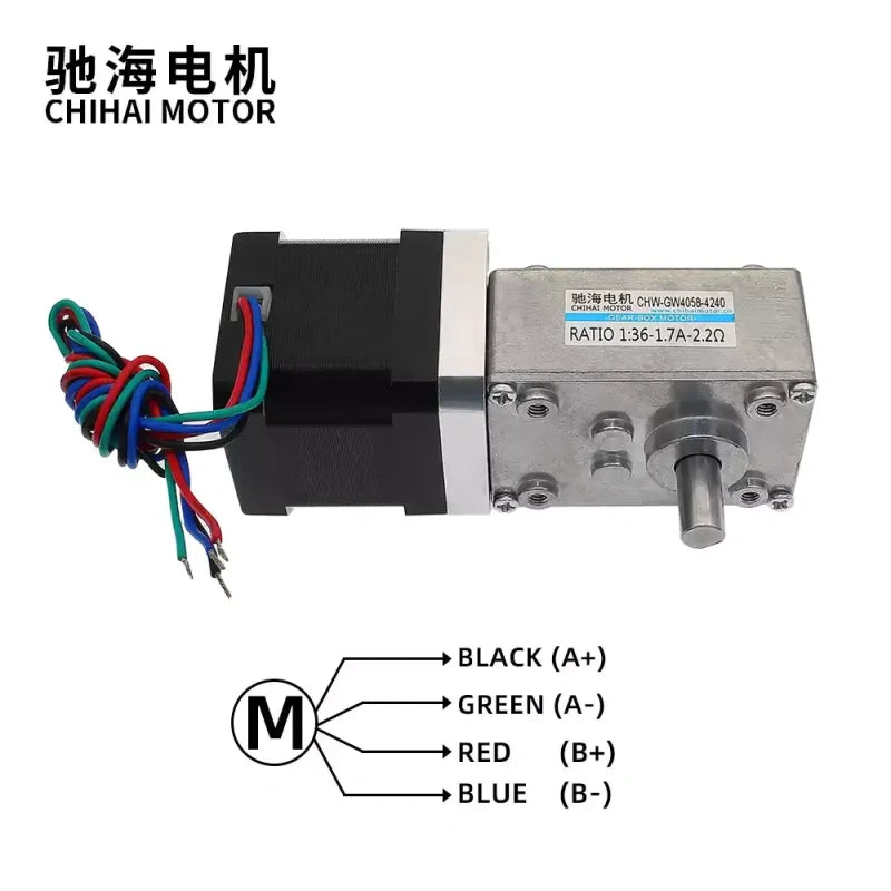 stepper motor, worm gear stepper motor, 42mm stepper motor, high torque stepper motor, chihai motor, chw4058-42, 2 phase 4 wire stepper, dc stepper motor, 3-24v stepper motor, camera slider motor, smart home motor, 3d printer stepper, worm reducer motor, high precision stepper, automation stepper motor, stepper with driver, stepper with bracket, custom ratio stepper, 8mm shaft stepper