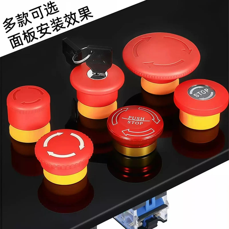 twist-reset emergency switch, metal head E-stop button, key-resettable stop switch, safety control push button, panel mount emergency stop, LA38-11ZS switch, power emergency stop button, automation safety switch