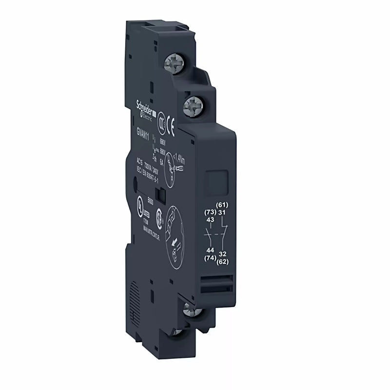 Schneider GV Auxiliary Contact Block, GVAE1 GVAE11 GVAN11, Auxiliary Contacts for GV2 Breaker, 1NO 1NC Contact Block, Front Mount Auxiliary Contact, Side Mount Auxiliary Contact, Motor Circuit Breaker Accessory, Schneider GV2ME Contact Block, Industrial Control Feedback Contacts, PLC Signaling Contact Block