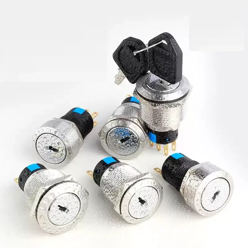 key lock rotary switch, 16mm key switch, 19mm selector switch, 22mm key lock switch, 2 position key switch, 3 position key selector, IP65 waterproof key switch, 304 stainless steel key switch, latching momentary key switch, industrial key lock switch, 1NO1NC key switch, 2NO2NC key selector, secure key switch, IK09 durable key switch, waterproof key operated switch