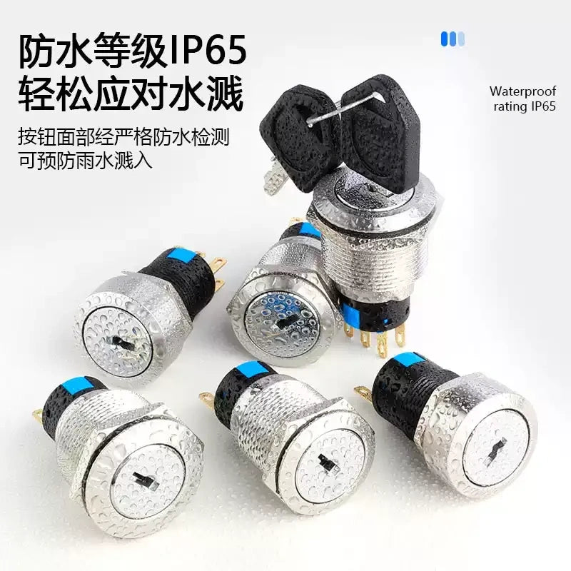 key lock rotary switch, 16mm key switch, 19mm selector switch, 22mm key lock switch, 2 position key switch, 3 position key selector, IP65 waterproof key switch, 304 stainless steel key switch, latching momentary key switch, industrial key lock switch, 1NO1NC key switch, 2NO2NC key selector, secure key switch, IK09 durable key switch, waterproof key operated switch