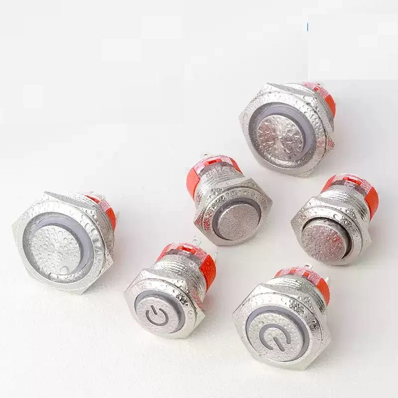 20A metal push button switch, short high-head button switch, IP67 waterproof button, illuminated latching switch, momentary reset button, 16mm metal button, 19mm push button, 22mm high current switch, car modification button, industrial control switch, no solder tail plug button, silver plated pin switch, LED ring light button, 12-24V 220V switch, heavy duty push button