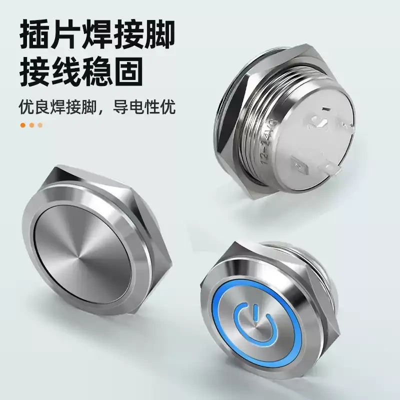 ultra thin tactile button, short metal push button, 12mm momentary switch, 16mm LED tactile button, 19mm mini button, 22mm waterproof switch, 25mm power symbol button, IP66 metal button, tactile point switch, ultra-short body button, H59 nickel-plated button, low-profile push button, 3-6V/12-24V/220V button, soldering connection button, compact control panel switch