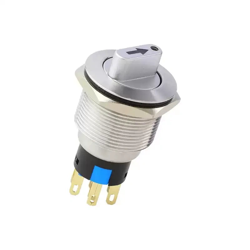 metal rotary selector switch, 16mm rotary switch, 19mm selector switch, 22mm waterproof switch, 2 position rotary switch, 3 position selector switch, IP65 waterproof rotary switch, stainless steel rotary switch, latching momentary switch, industrial control switch, 1NO1NC rotary switch, 2NO2NC selector switch, gold plated pin switch, plug-in rotary switch, IK09 durable switch