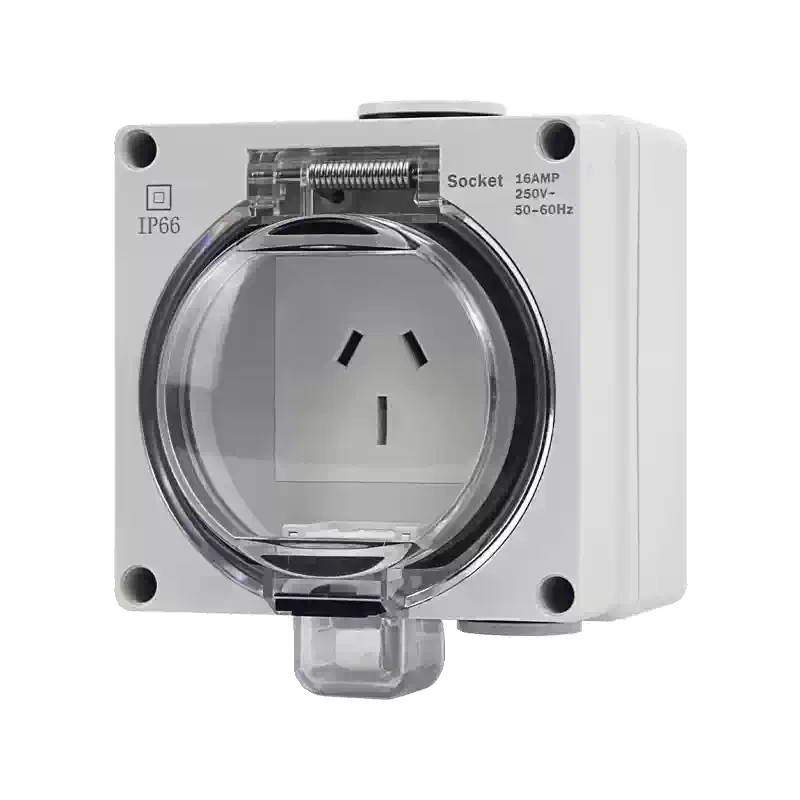 waterproof outdoor socket, Australian standard electrical outlet, AS/NZS power socket, RDL66 series power socket, 10A 15A 250V AC weatherproof outlet box, anti-rain splashproof receptacle, IP66 outdoor power socket, flame retardant waterproof outlet, lockable electrical socket, garden patio power outlet, bathroom waterproof socket, Australian outdoor waterproof receptacle, New Zealand standard socket