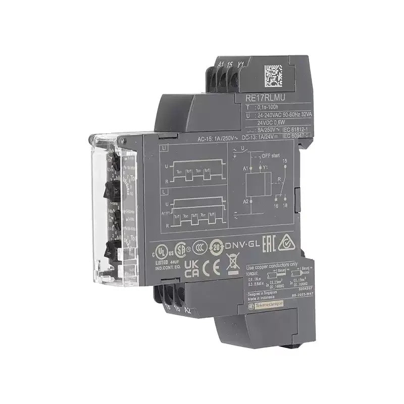 Schneider RE17 Time Relay, RE17LAMW, RE17RAMU, RE17RCMU, RE17RLMU, On-Delay Relay, Off-Delay Relay, Asymmetric Flashing Relay, 24-240V AC/DC Timer, Compact DIN Rail Timer, Industrial Time Delay Relay, Schneider Harmony Timer, Adjustable Time Relay