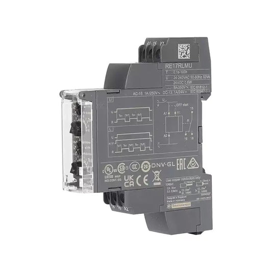 Schneider RE17 Time Relay, RE17LAMW, RE17RAMU, RE17RCMU, RE17RLMU, On-Delay Relay, Off-Delay Relay, Asymmetric Flashing Relay, 24-240V AC/DC Timer, Compact DIN Rail Timer, Industrial Time Delay Relay, Schneider Harmony Timer, Adjustable Time Relay