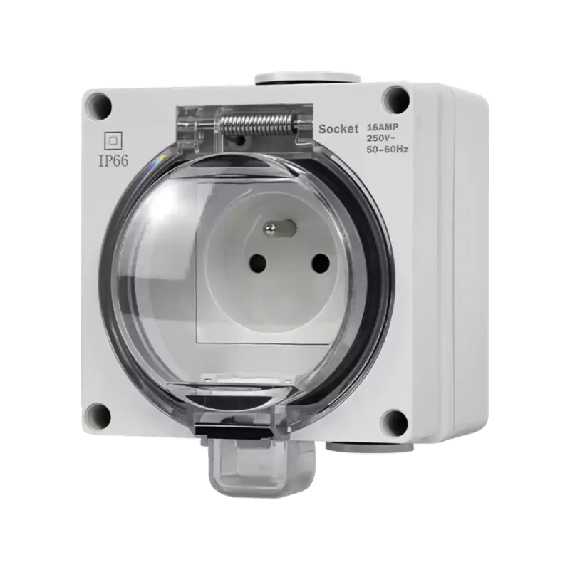 waterproof outdoor socket, French standard electrical outlet, RDL66 series power socket, 16A 250V AC weatherproof outlet box, anti-rain splashproof receptacle, IP66 outdoor power socket, flame retardant waterproof outlet, lockable electrical socket, garden patio power outlet, bathroom waterproof socket, French standard power socket, EU outdoor waterproof receptacle
