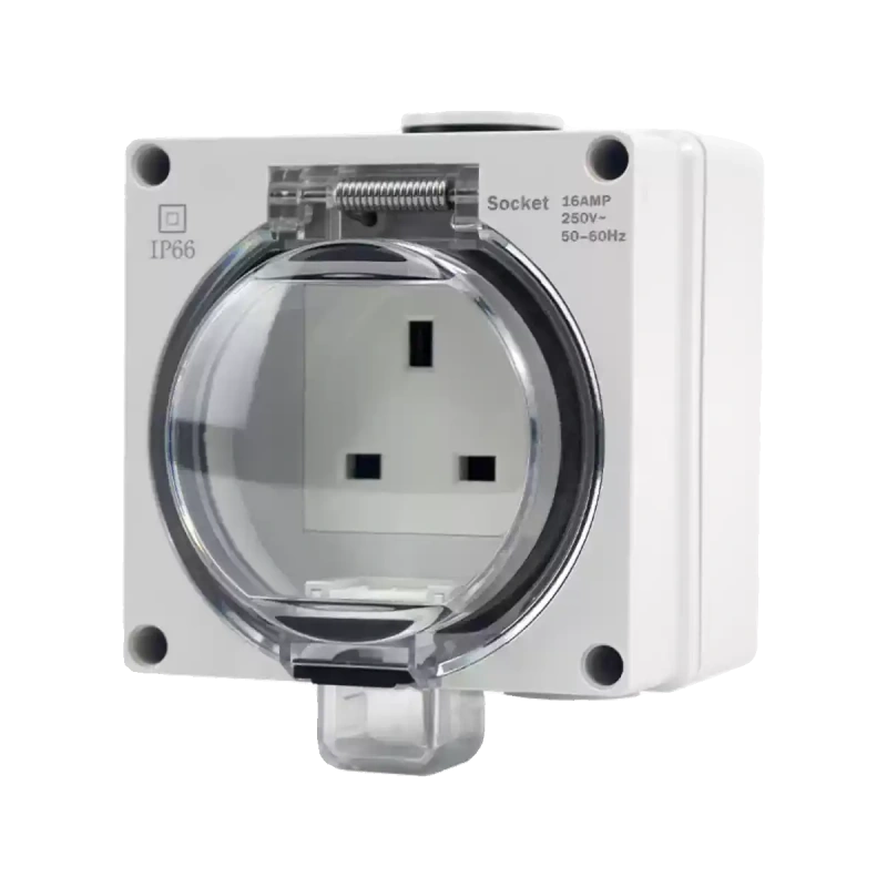 waterproof outdoor socket, UK standard electrical outlet, RDL66 series power socket, 13A 250V AC weatherproof outlet box, anti-rain splashproof receptacle, IP66 outdoor power socket, flame retardant waterproof outlet, lockable electrical socket, garden patio power outlet, bathroom waterproof socket, Singapore UK standard socket, Hong Kong electrical receptacle
