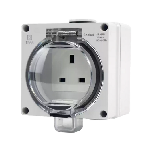 waterproof outdoor socket, UK standard electrical outlet, RDL66 series power socket, 13A 250V AC weatherproof outlet box, anti-rain splashproof receptacle, IP66 outdoor power socket, flame retardant waterproof outlet, lockable electrical socket, garden patio power outlet, bathroom waterproof socket, Singapore UK standard socket, Hong Kong electrical receptacle