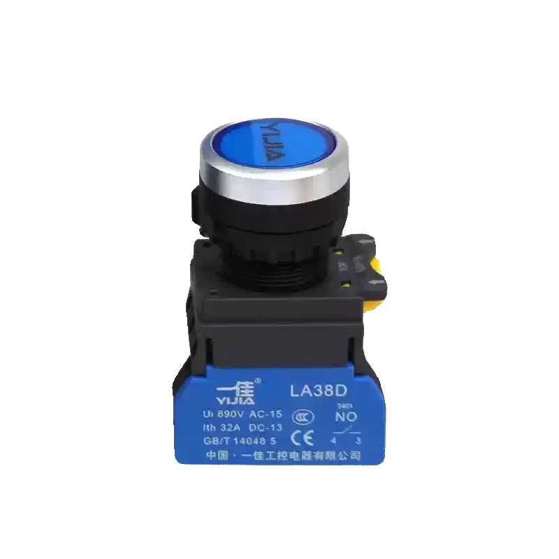 LA38D High-Current Button, 32A Push Button, 22mm Industrial Switch, NO/NC Contact Button, Silver Alloy Contact, Momentary/Latching Switch, Heavy-Duty Control Button, Flame-Retardant Push Button, Aluminum Cap Switch, Power Circuit Button, Motor Control Switch, Yijia LA38D-11BN