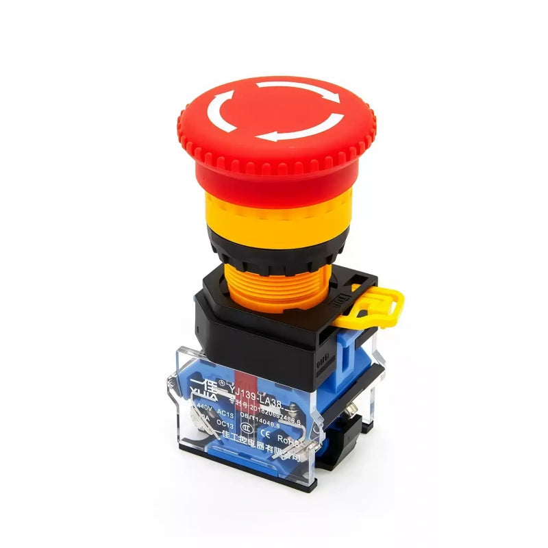 YiJia LA38 emergency stop switch, 22mm E-stop push button, mushroom emergency stop switch, latching stop button, 1NO1NC emergency switch, 2NC safety stop button, 10A 440V E-stop switch, industrial emergency stop button, elevator stop switch
