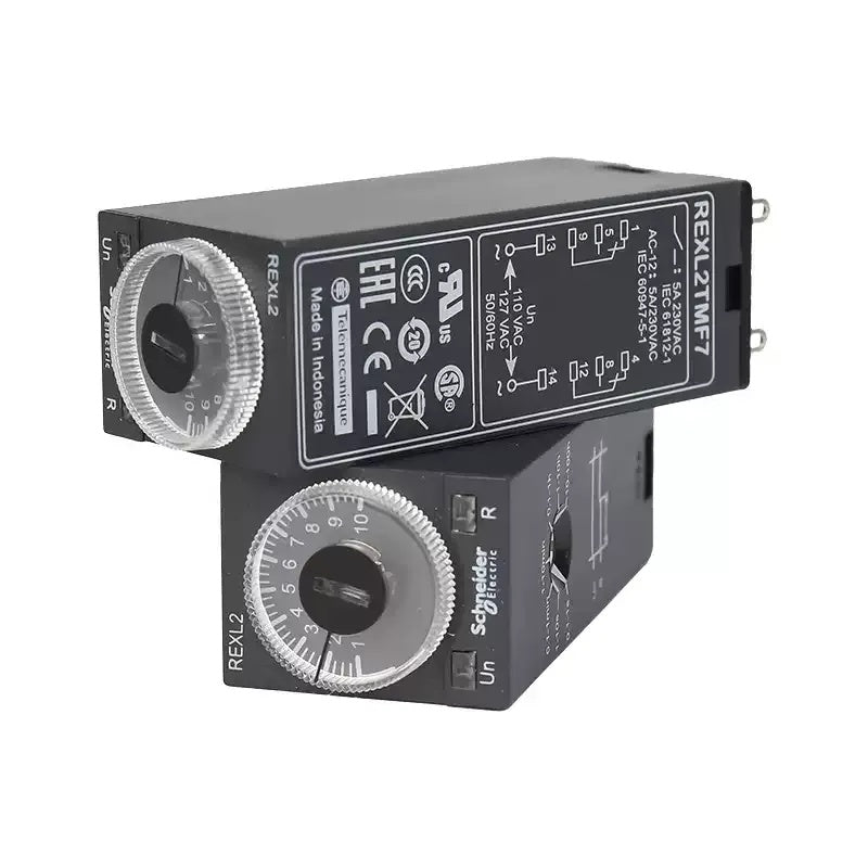 Schneider REXL Time Relay, REXL2TMP7, REXL4TMBD, Time Delay Relay, 5A Timer Relay, 2CO/4CO Relay, DC24V/AC230V Relay, 0.1s-100h Timer, Industrial Timer Relay, Plug-in Time Relay, Schneider REXL, RXZE Socket Compatible, Relay with LED Indicator, Adjustable Timing Relay