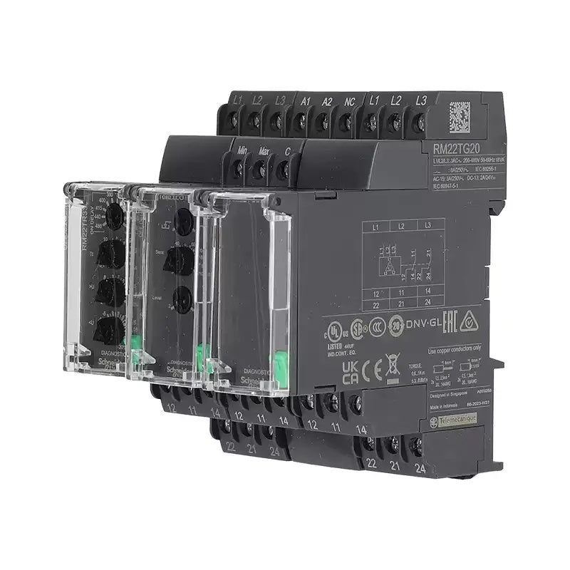 Schneider RM22 Relay, RM17TG00, RM22TG20, RM22TR33, RM22LG11MR, 3-Phase Monitoring Relay, Phase Sequence Relay, Over/Under Voltage Relay, Liquid Level Control Relay, 208-480VAC Relay, DIN Rail Monitoring Relay, Schneider Harmony Control Relay, Motor Protection Relay, Phase Loss Relay