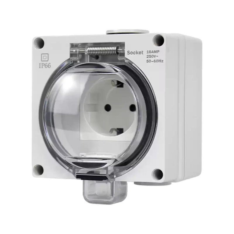 waterproof outdoor socket, German standard electrical outlet, Schuko power socket, RDL66 series power socket, 16A 250V AC weatherproof outlet box, anti-rain splashproof receptacle, IP66 outdoor power socket, flame retardant waterproof outlet, lockable electrical socket, garden patio power outlet, bathroom waterproof socket, Schuko waterproof socket, EU outdoor waterproof receptacle