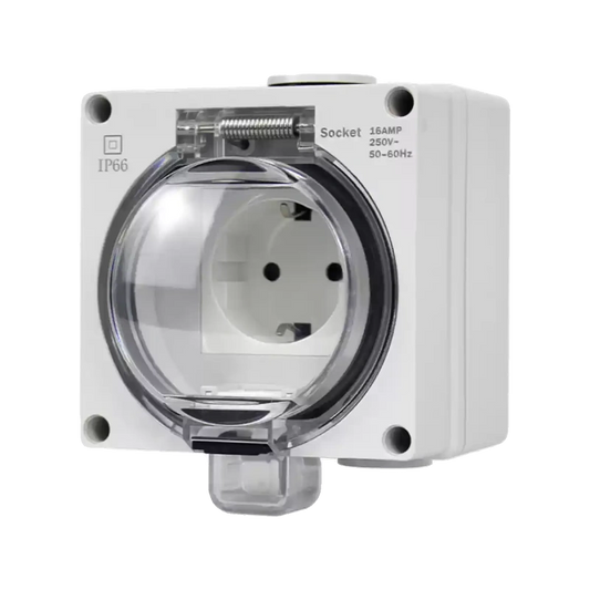 waterproof outdoor socket, German standard electrical outlet, Schuko power socket, RDL66 series power socket, 16A 250V AC weatherproof outlet box, anti-rain splashproof receptacle, IP66 outdoor power socket, flame retardant waterproof outlet, lockable electrical socket, garden patio power outlet, bathroom waterproof socket, Schuko waterproof socket, EU outdoor waterproof receptacle