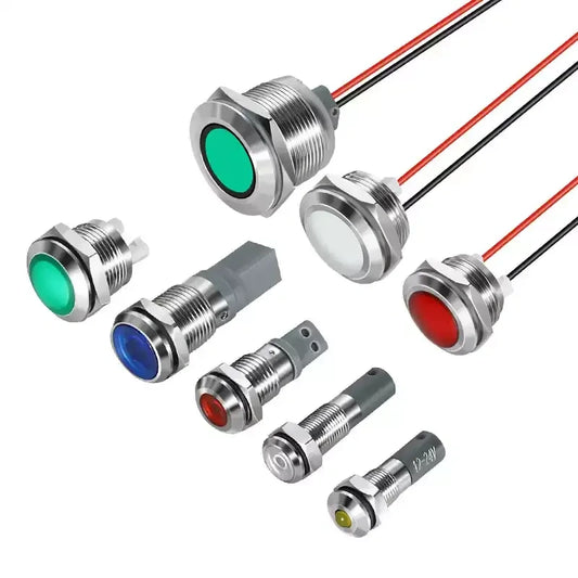 led metal indicator light, 12mm led indicator, 16mm waterproof light, 19mm pre-wired indicator, 22mm signal light, 25mm led pilot light, ip65 metal indicator, 12-24v led light, 220v signal indicator, flat head led light, ball head metal indicator, dual color led light, tri-color signal light, pre-wired led indicator, 40000 hour led light