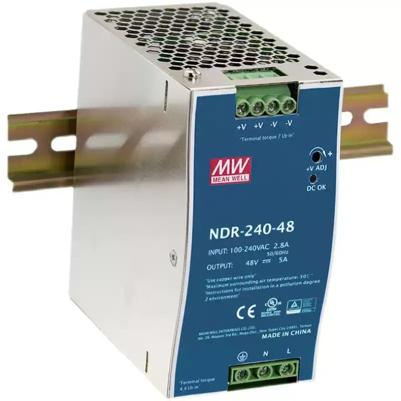Mean Well DIN rail power supply, NDR-75-12, NDR-120-24, NDR-240-24, EDR-75-24, HDR-15-24, 12V 10A power supply, 24V DC power supply, 48V DIN rail power supply, industrial switching power supply, LED driver power supply, 120W/240W/480W power supply, Mean Well original power supply, slim DIN rail power supply, PLC power supply