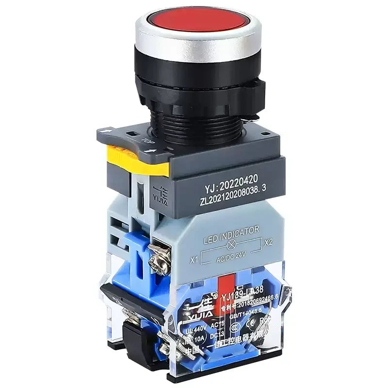 22mm push button switch, LA38-11DN/ZS, LED illuminated switch, 1NO 1NC button, momentary/latching switch, 24V/220V push button, 10A control switch, industrial push button, red LED switch, flat head button switch, silver alloy contact switch, control panel button