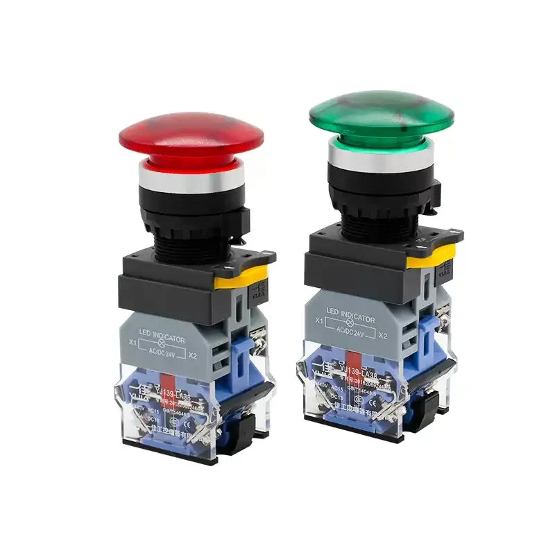 LA38-11MD Mushroom Button, 22mm Illuminated Push Button, Momentary/Latching Switch, 1NO1NC/2NO Contact, 24V/220V LED Button, Industrial Start Stop Button, Silver Alloy Contact, High Visibility Control Button, Machine Control Switch, Control Panel LED Button, Jog Control Push Button, CCC CE Certified Button