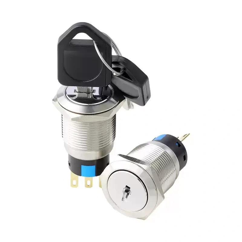 key lock rotary switch, 16mm key switch, 19mm selector switch, 22mm key lock switch, 2 position key switch, 3 position key selector, IP65 waterproof key switch, 304 stainless steel key switch, latching momentary key switch, industrial key lock switch, 1NO1NC key switch, 2NO2NC key selector, secure key switch, IK09 durable key switch, waterproof key operated switch