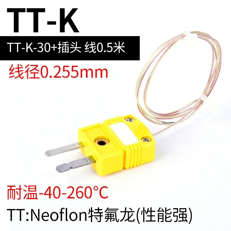 thermocouple wire, K type thermocouple, TT-K-30, PTFE thermocouple wire with length 0.5M, Neoflon thermocouple, yellow thermocouple plug, K-type temperature probe wire, ANSI thermocouple, thermal measuring cable