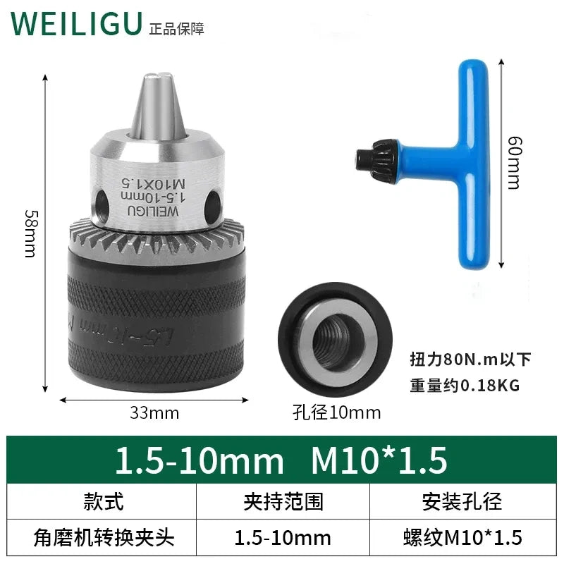 key locking design drill chuck, key type steel drill chuck Clamping Capacity 1.5-10mm, all metal heavy duty chuck Mount Type with screw M10*1.5