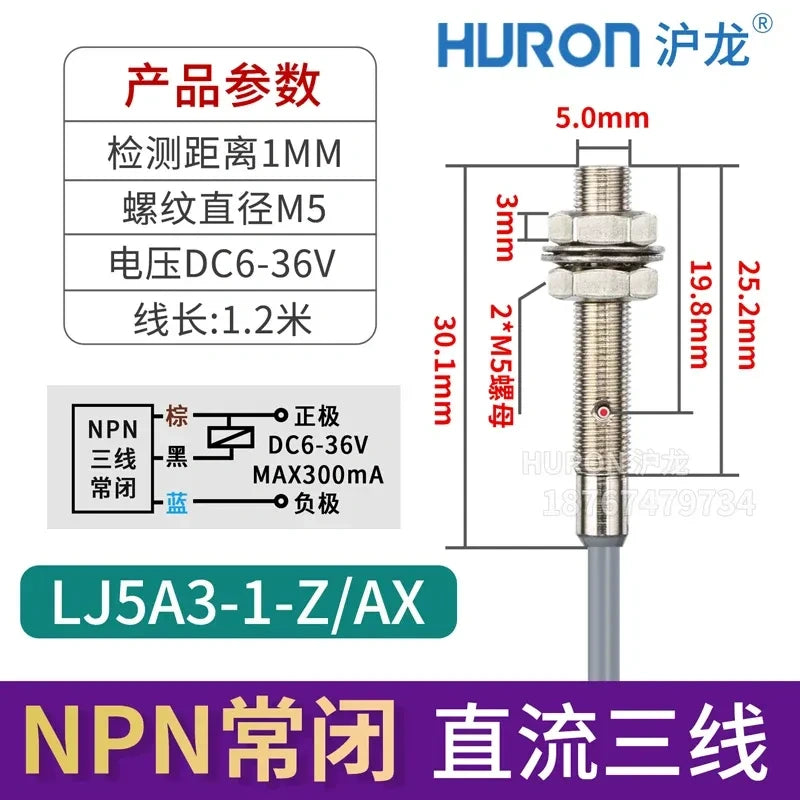 LJ5A3-1-Z/AX M5 mini inductive proximity sensor, measuring distance 1mm metal detector,DC 3-Wire NPN NC miniature sensor, 