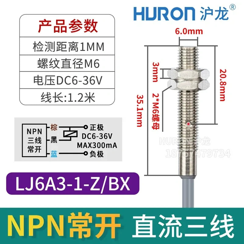 LJ6A3-1-Z/BX M6 mini inductive proximity sensor, measuring distance 1mm metal detector,DC 3-Wire NPN NO miniature sensor, 