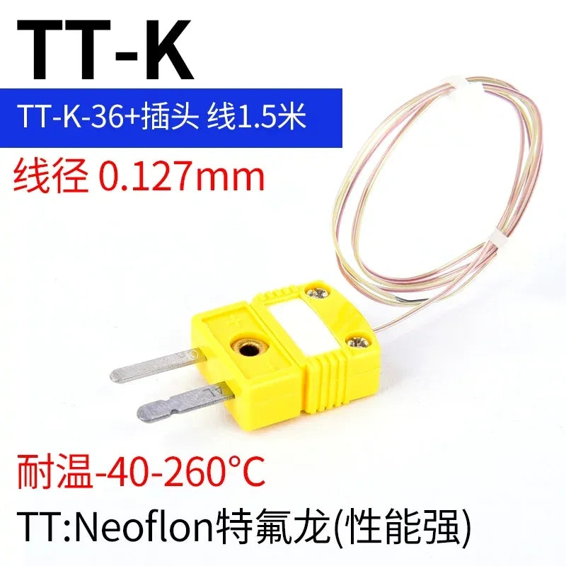 thermocouple wire, K type thermocouple, TT-K-36, PTFE thermocouple wire with length 1.5M, Neoflon thermocouple, yellow thermocouple plug, K-type temperature probe wire, ANSI thermocouple, thermal measuring cable