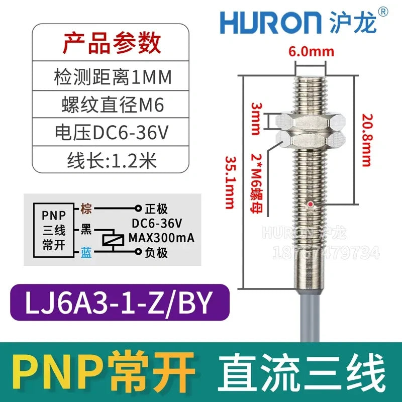 LJ6A3-1-Z/BY M6 mini inductive proximity sensor, measuring distance 1mm metal detector,DC 3-Wire PNP NO miniature sensor