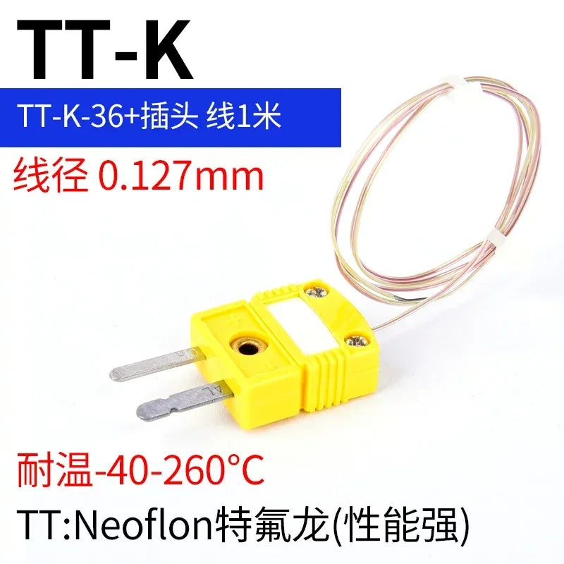 thermocouple wire, K type thermocouple, TT-K-36, PTFE thermocouple wire with length 1M, Neoflon thermocouple, yellow thermocouple plug, K-type temperature probe wire, ANSI thermocouple, thermal measuring cable