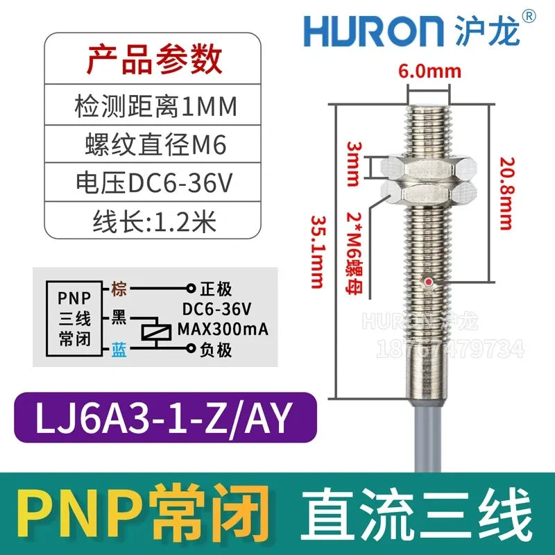 LJ6A3-1-Z/AY M6 mini inductive proximity sensor, measuring distance 1mm metal detector,DC 3-Wire PNP NC miniature sensor