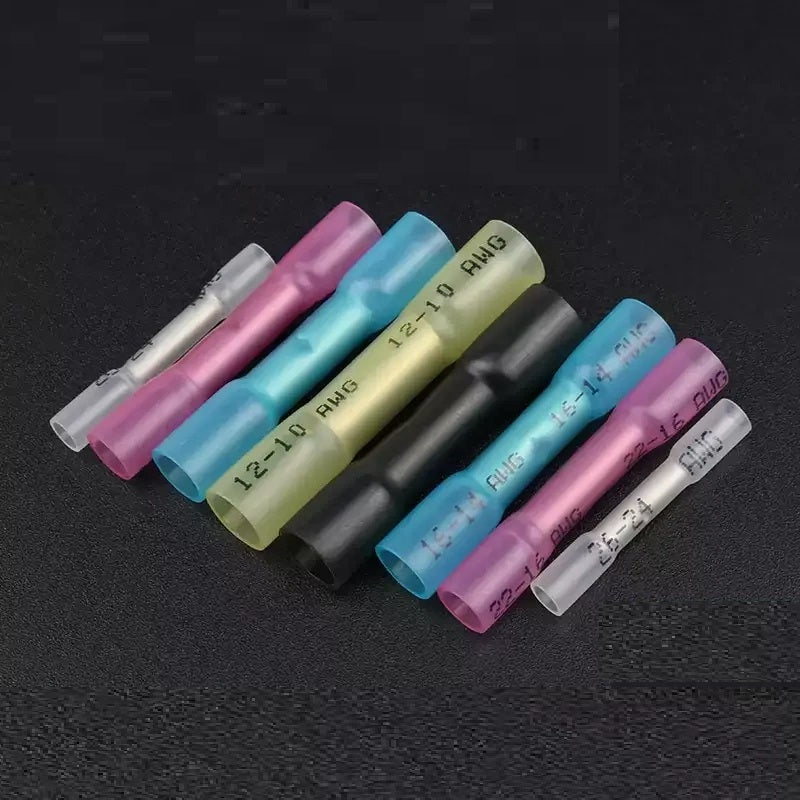 heat shrink butt connector, waterproof wire splice terminal, BHT butt terminal, insulated crimp connector, automotive wire joint, electrical cable butt splice, assorted butt connectors, AWG26-10 wire connector
