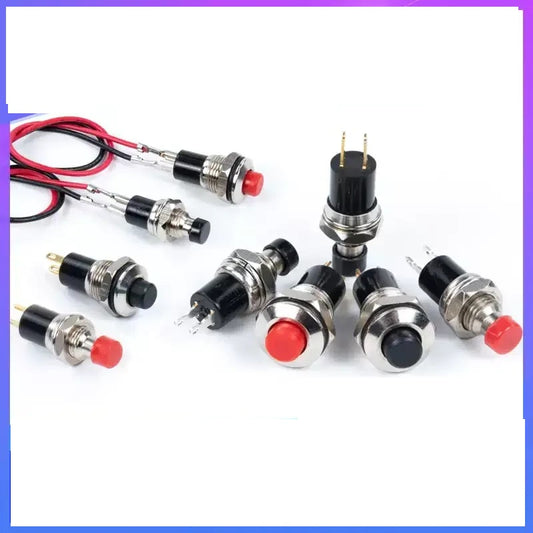 metal push button switch,mini pushbutton switch,5mm push button switch,7mm push button switch,10mm push button switch,PBS‑110,PB05A,momentary push button,latching push button,self reset switch,self locking switch,normally open switch,normally closed switch,IP65 waterproof switch,small power button,round push button,electronic control switch,DIY circuit switch