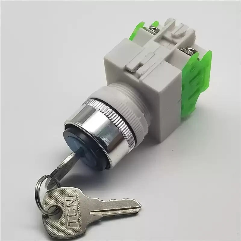 key selector switch, 22mm rotary switch, LAY37-11Y2, LAY37-20Y3, LAY7 key switch, 2-position selector, 3-position switch, 1NO1NC, 2NO, self-locking switch, self-reset switch, industrial control button, key-operated safety switch
