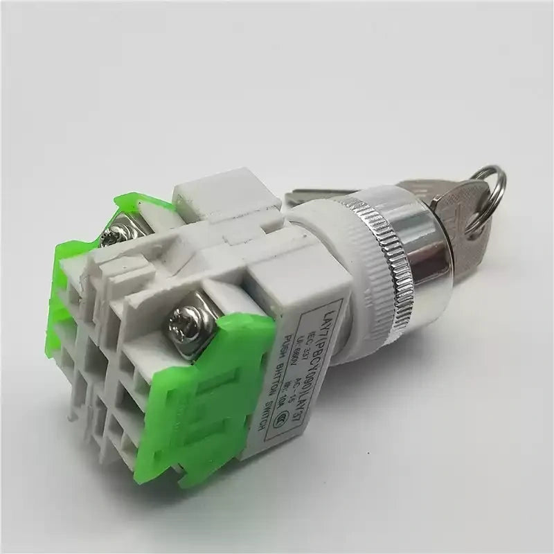 key selector switch, 22mm rotary switch, LAY37-11Y2, LAY37-20Y3, LAY7 key switch, 2-position selector, 3-position switch, 1NO1NC, 2NO, self-locking switch, self-reset switch, industrial control button, key-operated safety switch